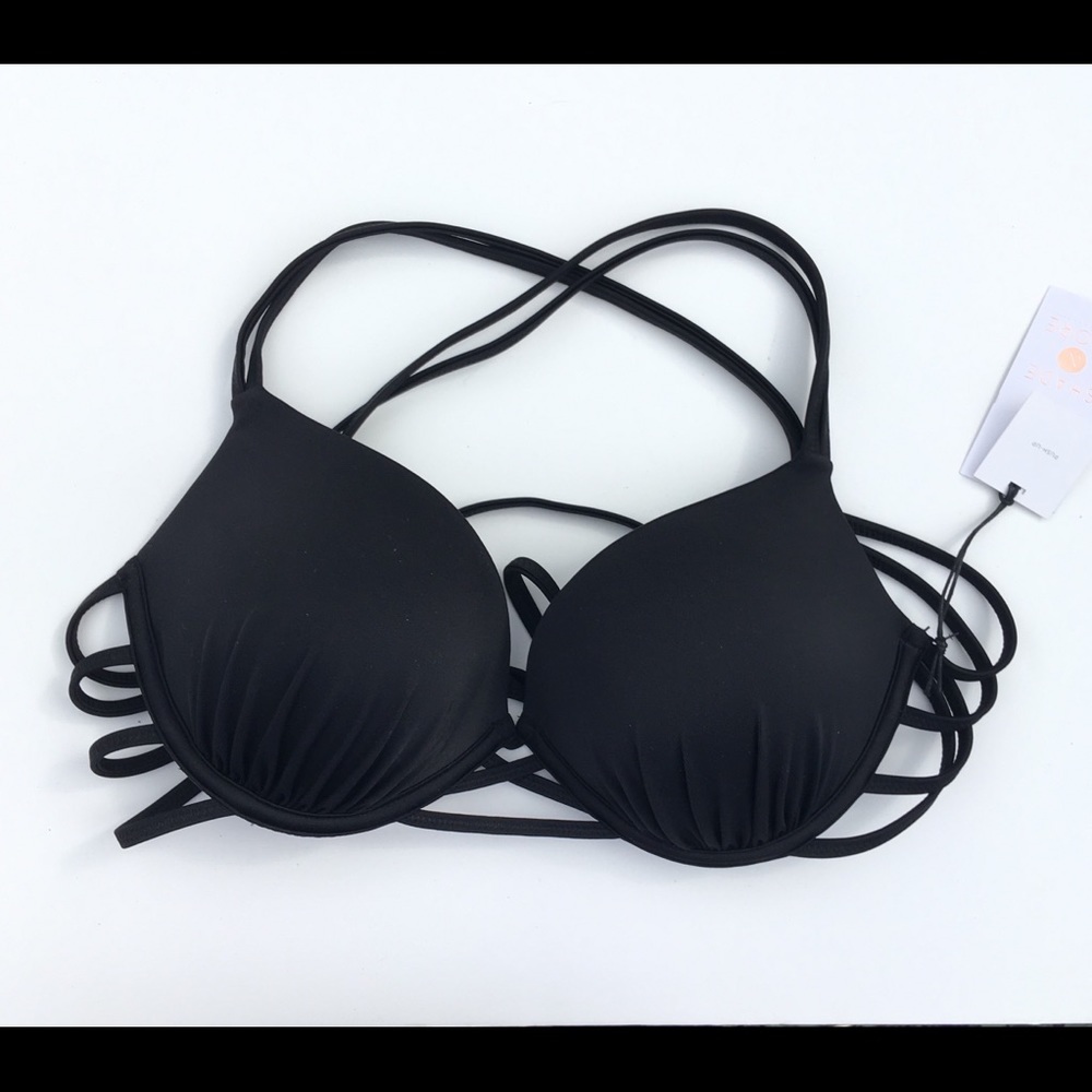 Shade & Shore Bikini Top Size 36C Black Strappy Push Up Padded Swim Top NWT